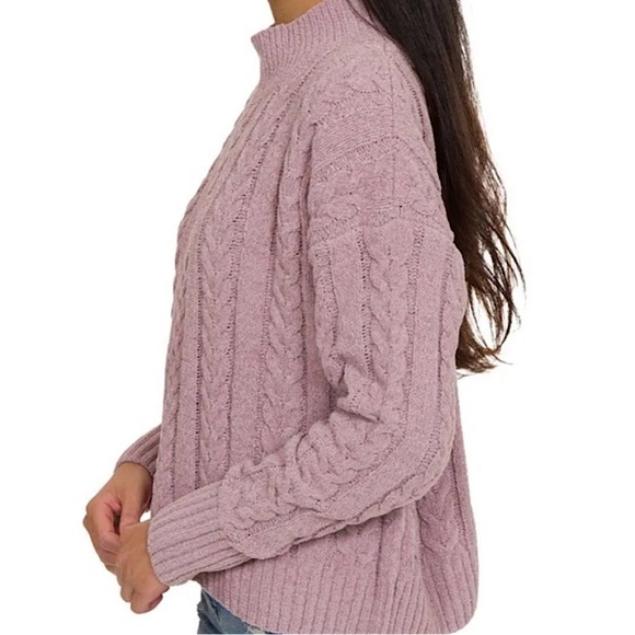 Hippie Rose Mauve Glow Lavender Chenille cable-knit Crewneck Sweater - Picture 3 of 6